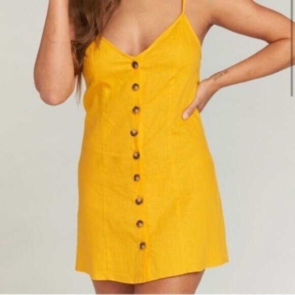 Show Me Your Mumu Sunflower Yellow Spaghetti Strap Mini Sundress Linen Blend - Picture 1 of 6